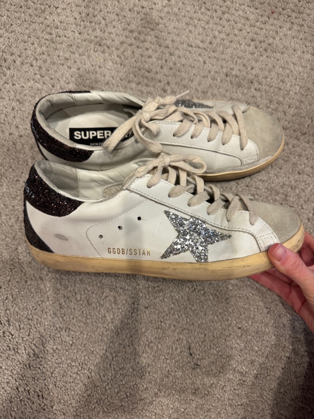 Golden Goose White Sneakers with Silver Glitter Star and Black Glitter Heel